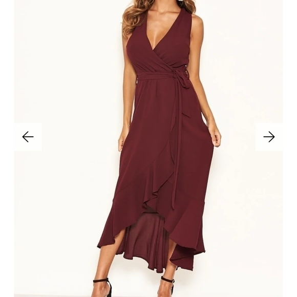 Ax Paris Plum Frill Faux Wrap Belted High Low Sleeveless Maxi Dress - Picture 2 of 15